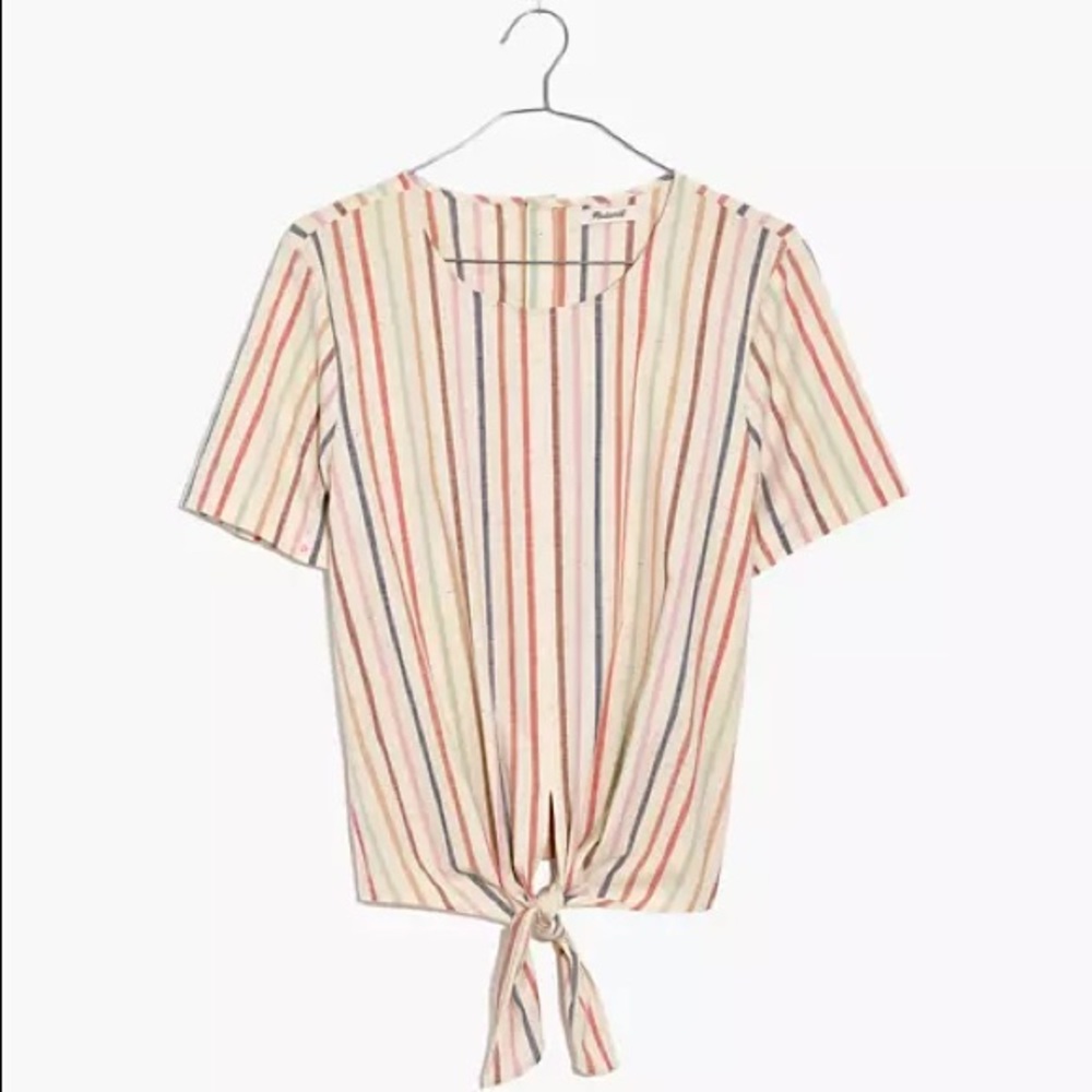 Button-Back Tie front cutout Tee in Rainbow Stripe